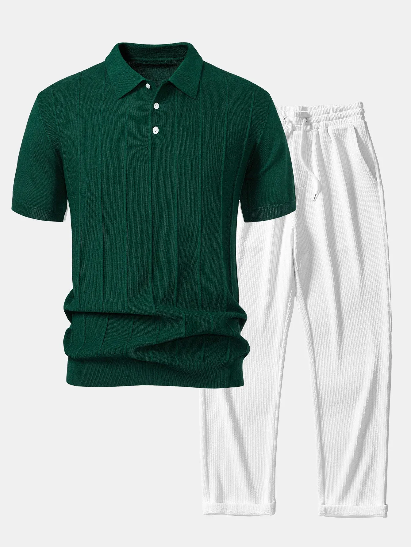 Stripe Jacquard Knit Polo Shirt & Straight Leg Ribbed Pants sold by Hoooyi