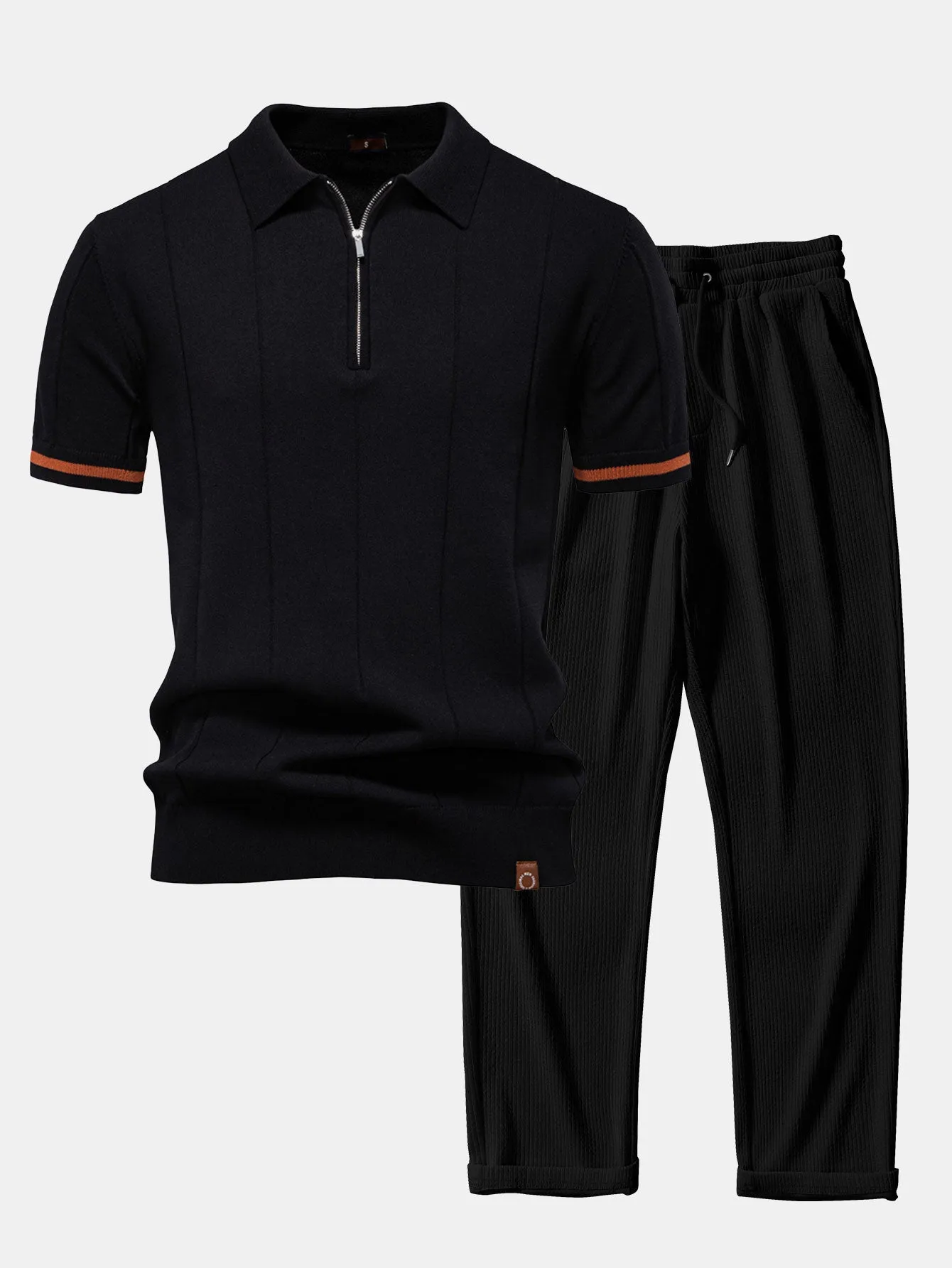 Contrast Trim Zipper Knit Polo Shirt & Straight Leg Ribbed Pants sold by Hoooyi product image thumbnail 2