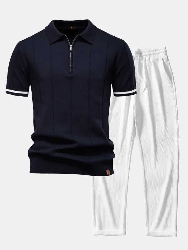 Contrast Trim Zipper Knit Polo Shirt & Straight Leg Ribbed Pants sold by Hoooyi