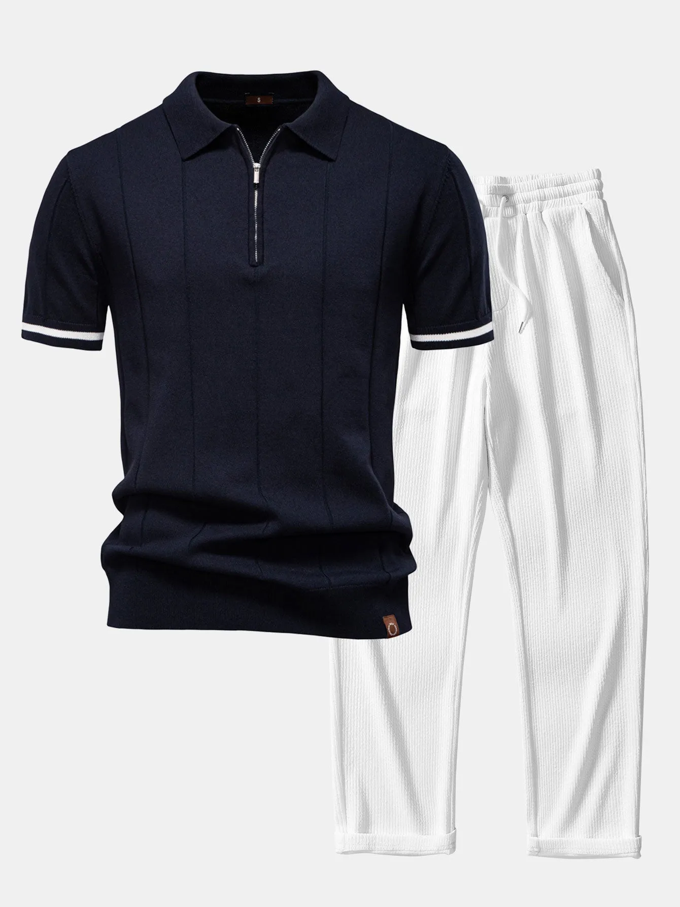Contrast Trim Zipper Knit Polo Shirt & Straight Leg Ribbed Pants sold by Hoooyi