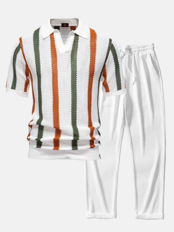 Stripe Knit V Neck Polo Shirt & Straight Leg Ribbed Pants sold by Hoooyi