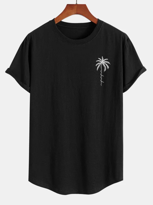 Palm Tree Slogan Print Cotton Arc Hem T-Shirt sold by Hoooyi