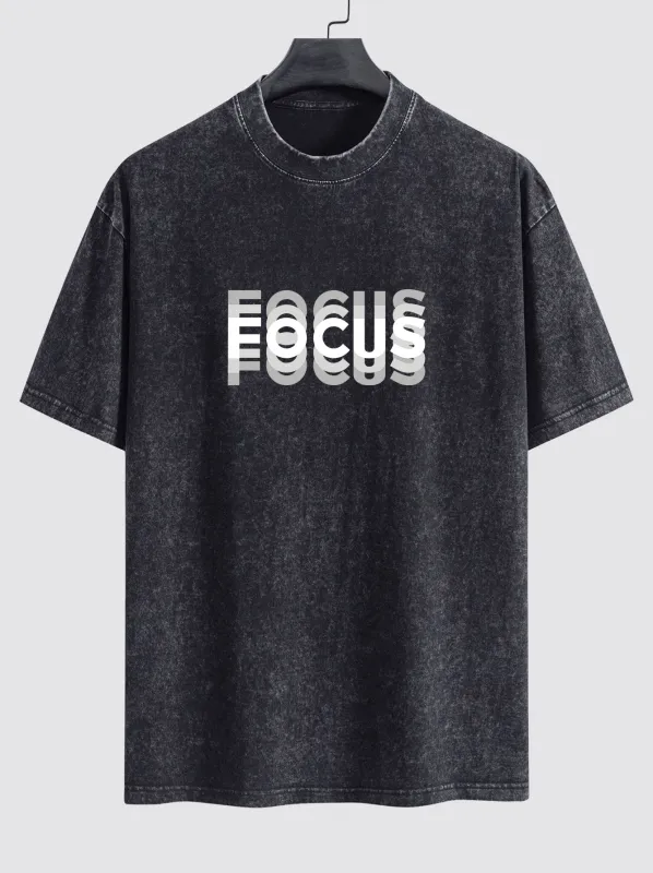 Focus Slogan Print Relax Fit Washed Distressed T-Shirt sold by Hoooyi