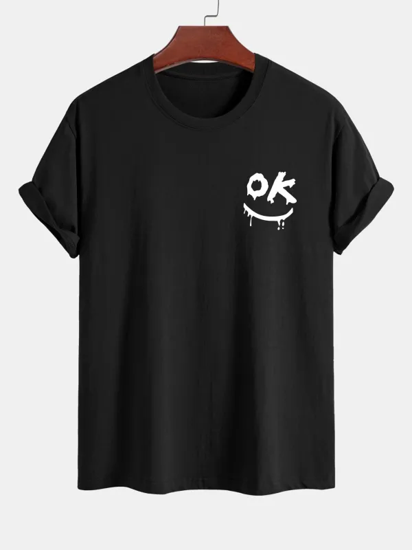 Regular Fit OK Smiley Face Print Cotton T-Shirt made by Hoooyi