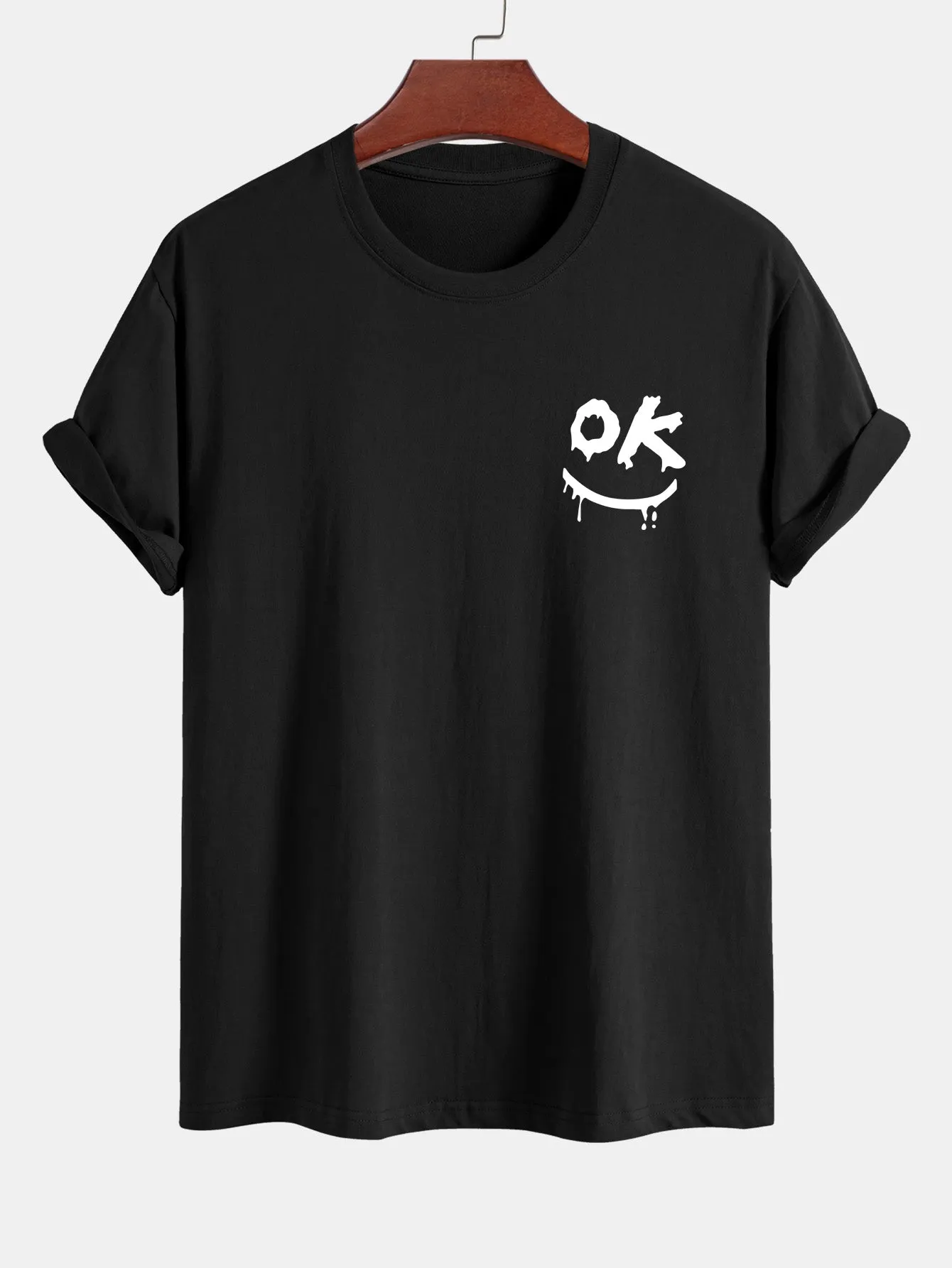 Regular Fit OK Smiley Face Print Cotton T-Shirt sold by Hoooyi