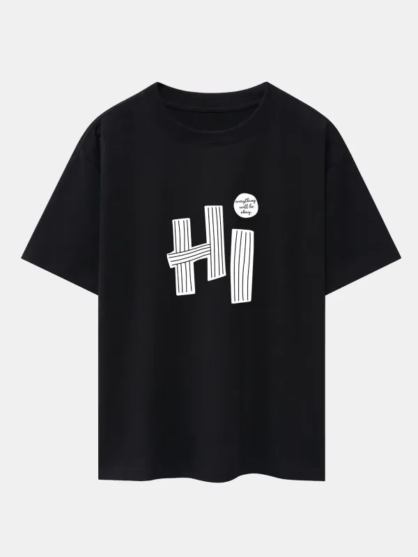 Hi Slogan Lines Print Drop Shoulder Oversize T-Shirt sold by Hoooyi