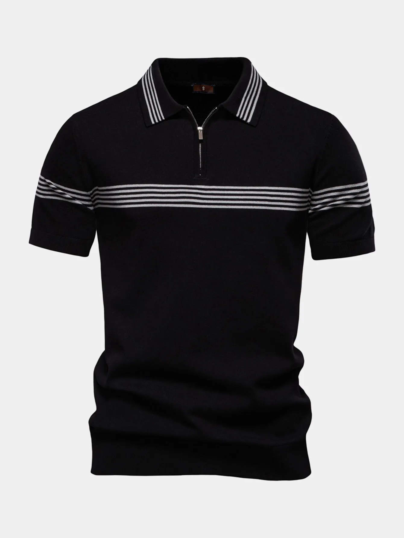Stripe Knit Zip Up Polo Shirt sold by Hoooyi product image thumbnail 5