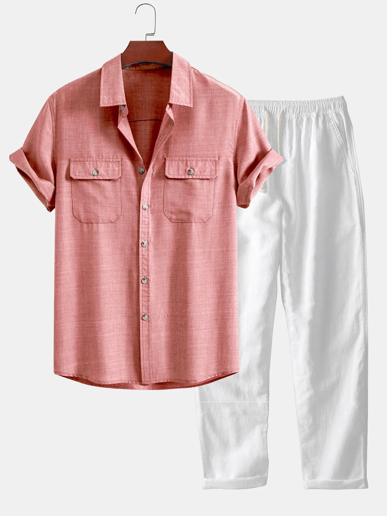 Textured Button Up Shirt With Two Pockets & Straight Leg Linen Pants sold by Hoooyi