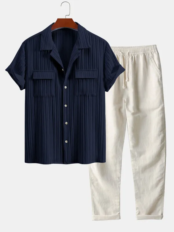 Textured Cuban Collar Pocket Shirt & Straight Leg Linen Pants sold by Hoooyi
