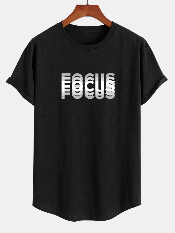Focus Slogan Print Cotton Arc Hem T-Shirt made by Hoooyi