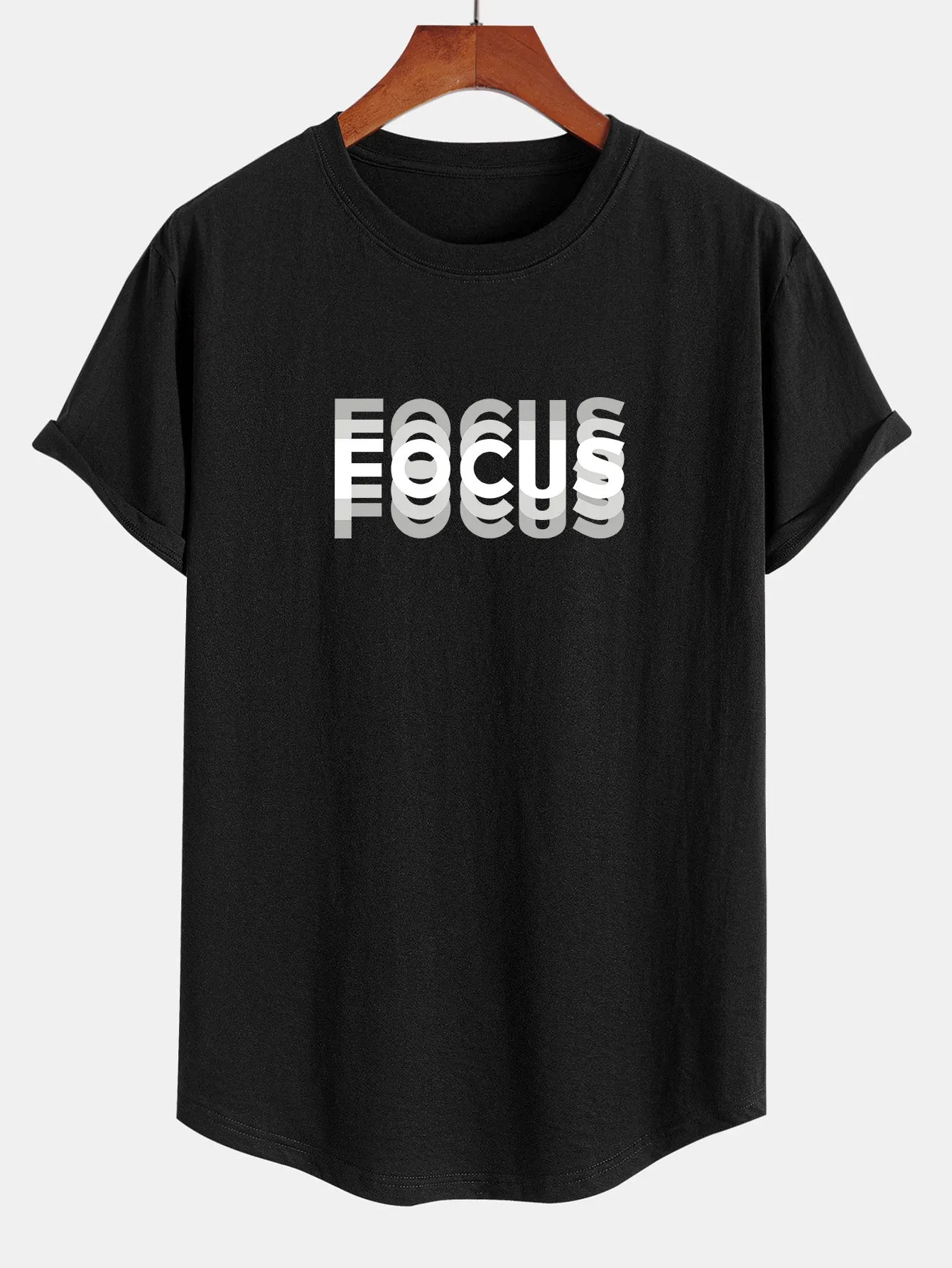 Focus Slogan Print Cotton Arc Hem T-Shirt sold by Hoooyi