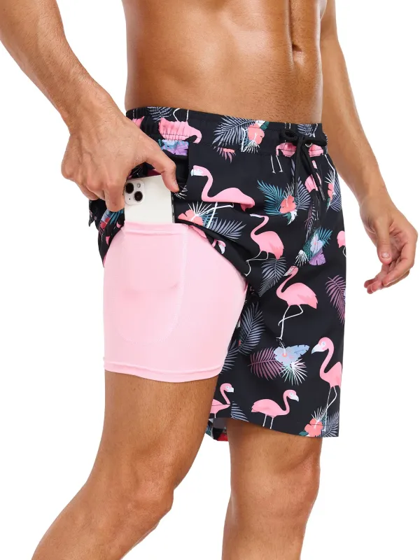 2 In 1 Tropical Flamingo Print Swim Shorts sold by Hoooyi