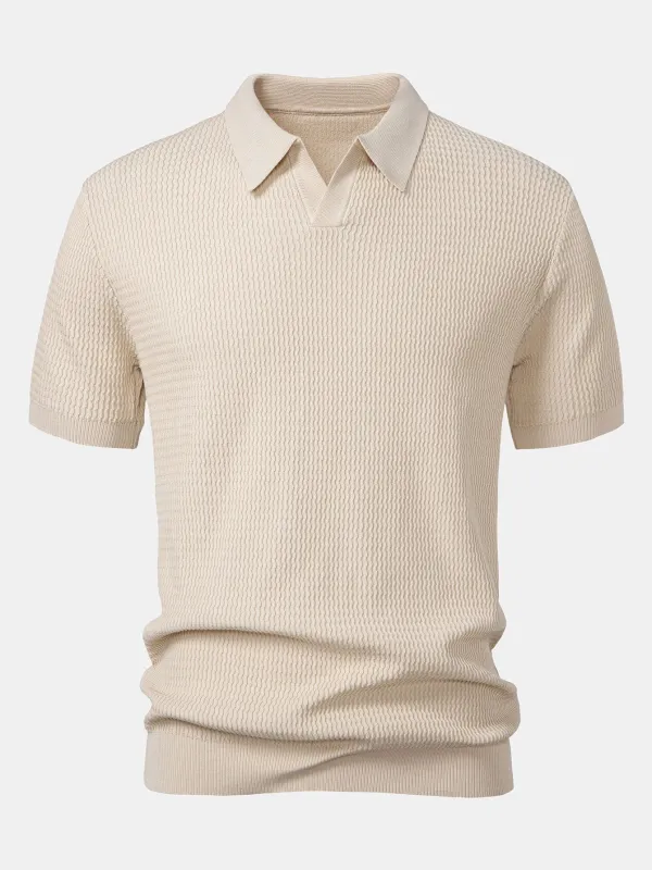 Wave Jacquard Knit V Neck Polo Shirt sold by Hoooyi