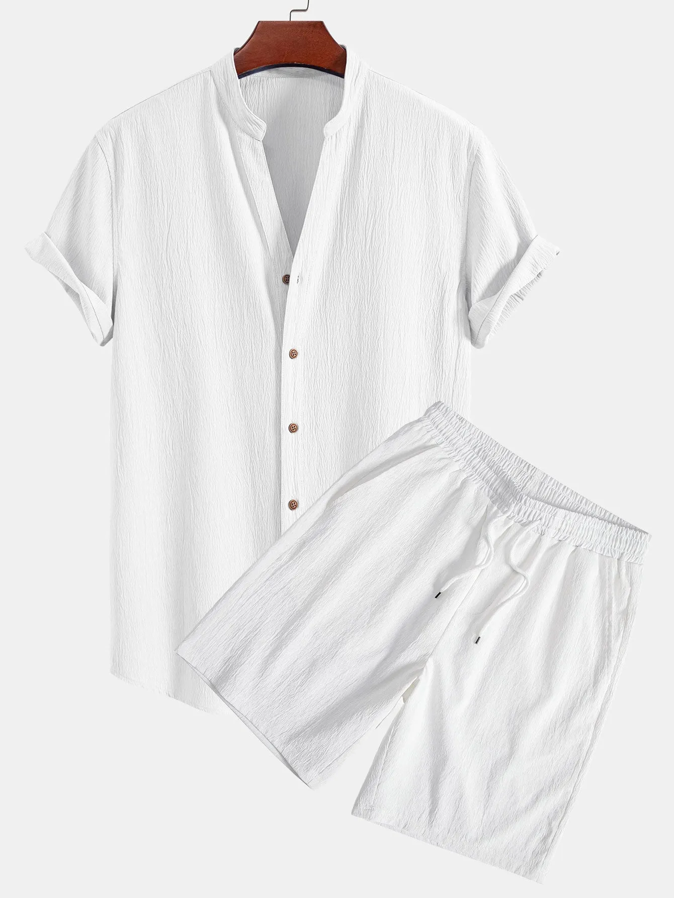 Crinkled Textured V Neck Shirt & Crinkled Textured Drawstring Shorts sold by Hoooyi product image thumbnail 4