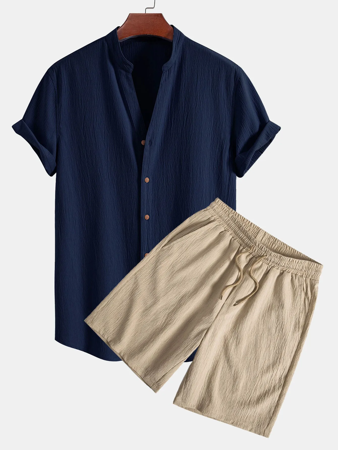 Crinkled Textured V Neck Shirt & Crinkled Textured Drawstring Shorts sold by Hoooyi product image thumbnail 2
