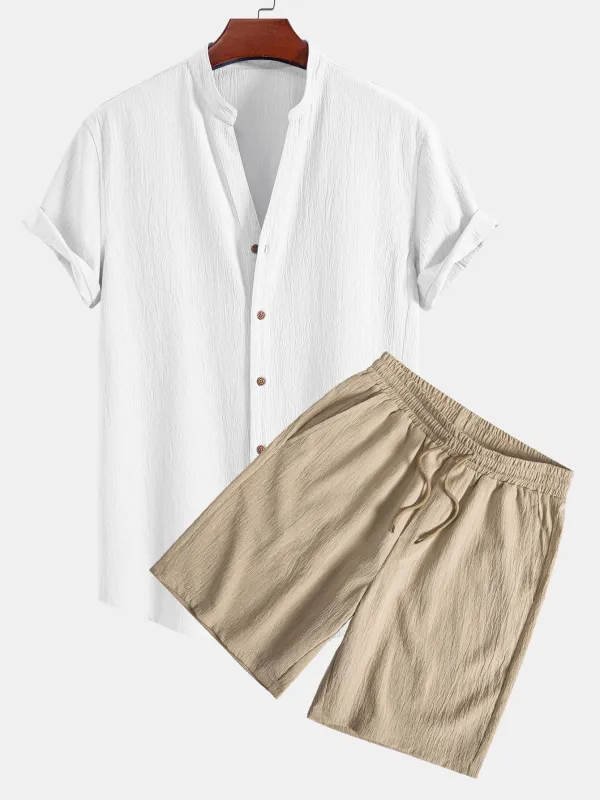 Crinkled Textured V Neck Shirt & Crinkled Textured Drawstring Shorts made by Hoooyi