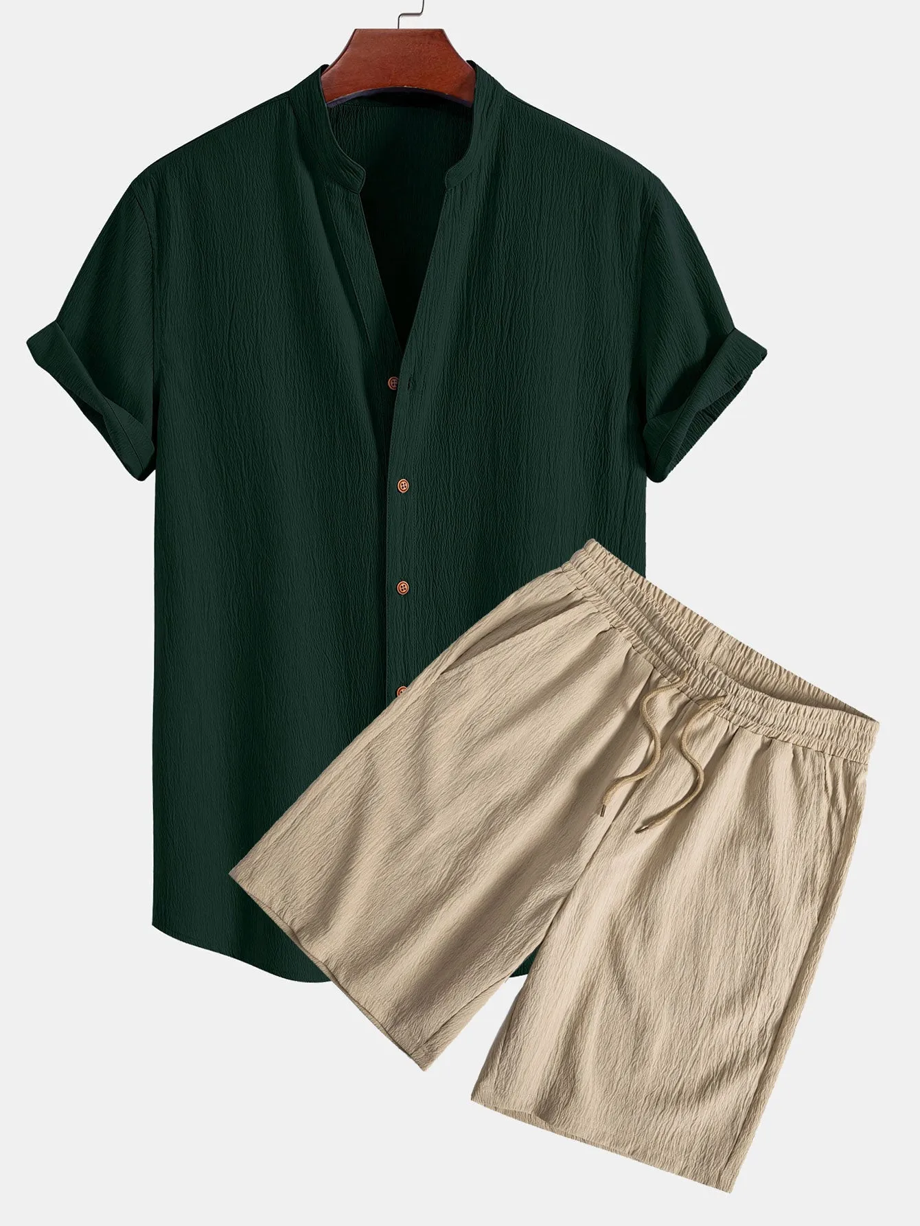 Crinkled Textured V Neck Shirt & Crinkled Textured Drawstring Shorts sold by Hoooyi product image thumbnail 3