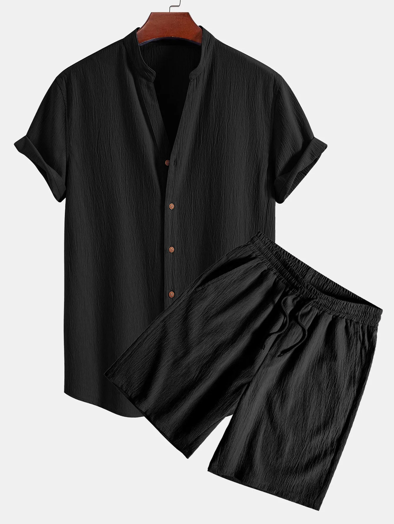 Crinkled Textured V Neck Shirt & Crinkled Textured Drawstring Shorts sold by Hoooyi product image thumbnail 5