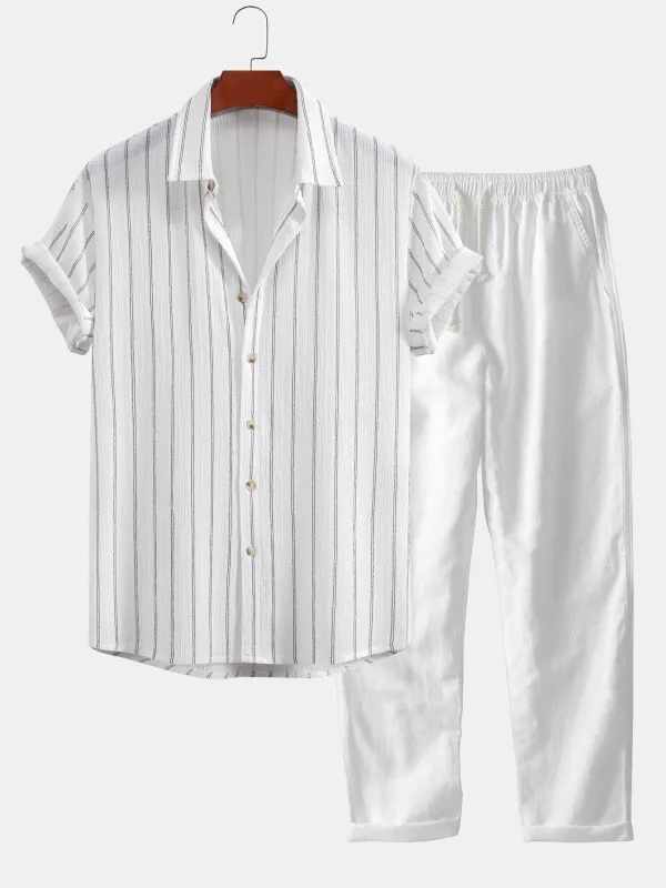 Stripe Textured Button Up Shirt & Straight Leg Linen Pants sold by Hoooyi