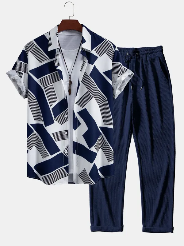 Color Block Geometry Print Button Up Shirt & Straight Leg Ribbed Pants sold by Hoooyi