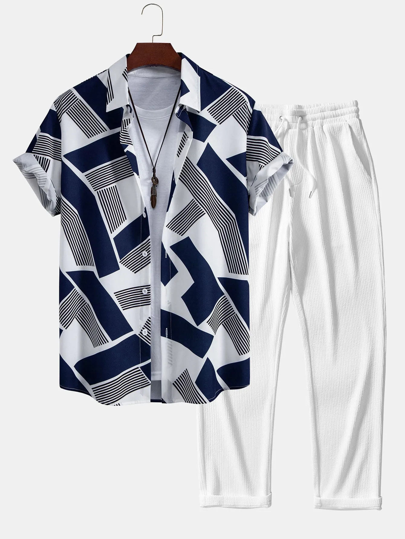 Color Block Geometry Print Button Up Shirt & Straight Leg Ribbed Pants sold by Hoooyi product image thumbnail 2