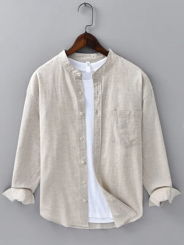 Long Sleeve Linen Cotton Stand Collar Shirt With Pocket sold by Hoooyi