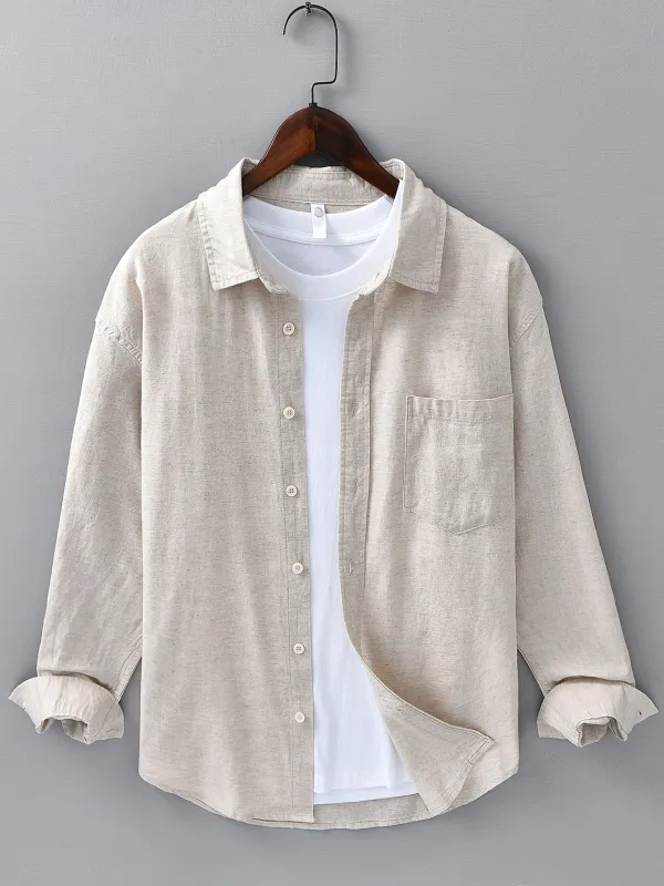 Long Sleeve Linen Cotton Shirt With Pocket sold by Hoooyi
