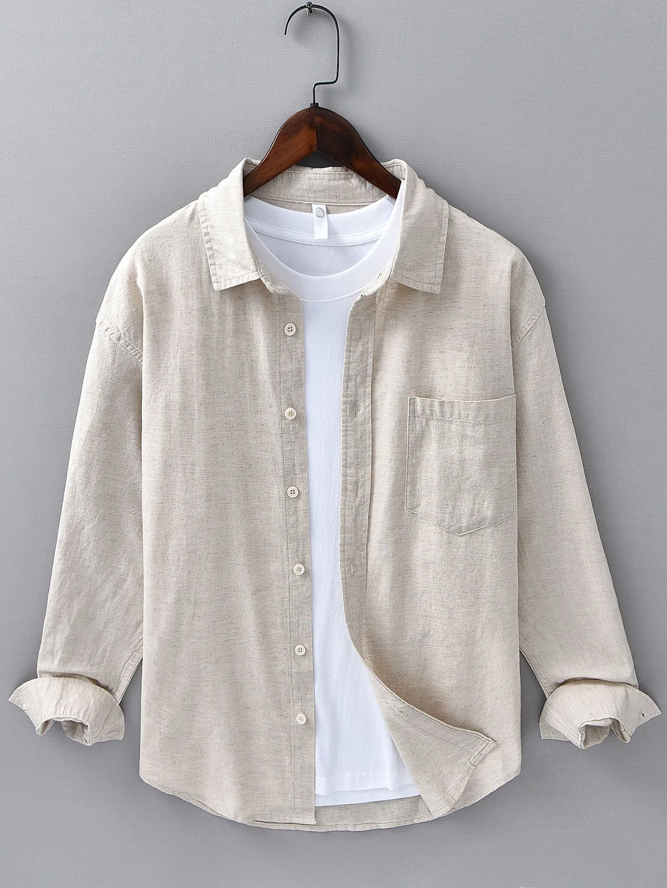 Long Sleeve Linen Cotton Shirt With Pocket sold by Hoooyi