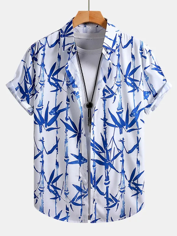 Oriental Ink Bamboo Print Button Up Shirt sold by Hoooyi
