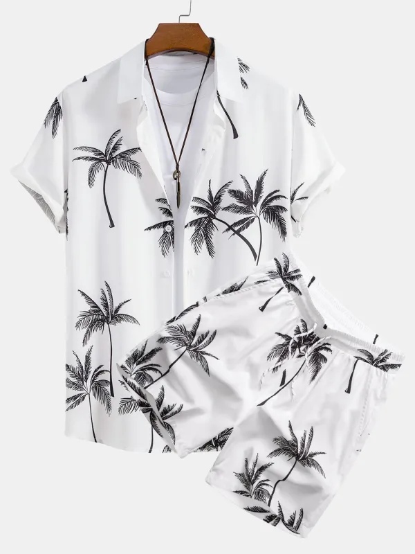 Palm Tree Print Button Up Shirt & Palm Tree Print Swim Shorts sold by Hoooyi