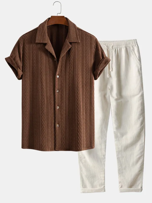 Texture Jacquard Cuban Shirt & Straight Leg Linen Pants sold by Hoooyi