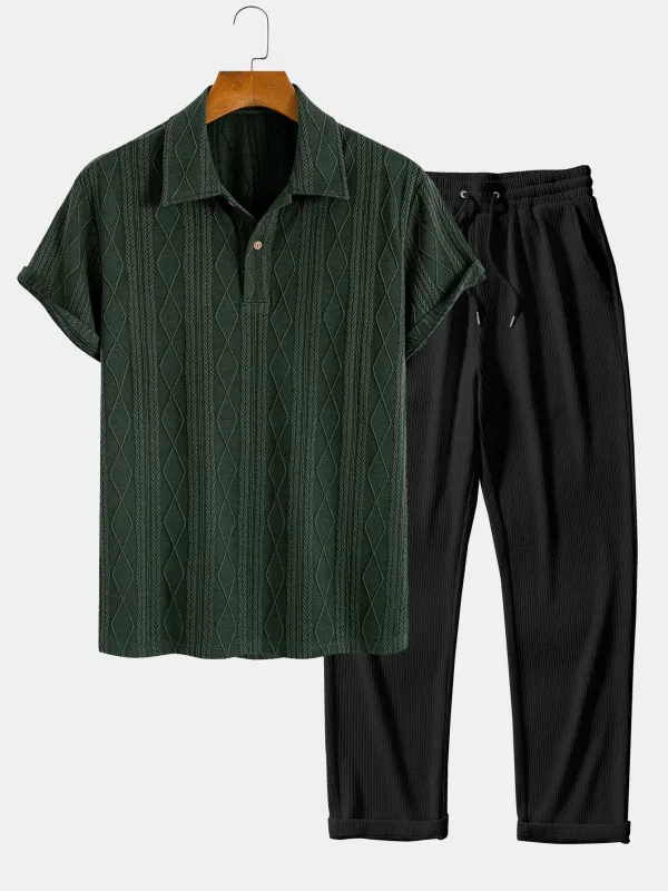 Knitted Geometric Rhombus Jacquard Polo & Straight Leg Ribbed Pants sold by Hoooyi
