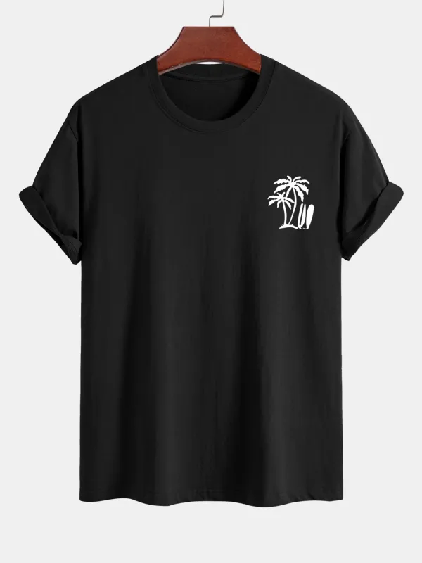 Regular Fit Palm Tree Surfboard Print Cotton T-Shirt sold by Hoooyi