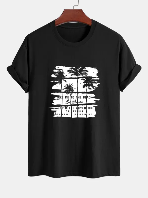 Regular Fit Palm Tree Silhouette Print Cotton T-Shirt sold by Hoooyi