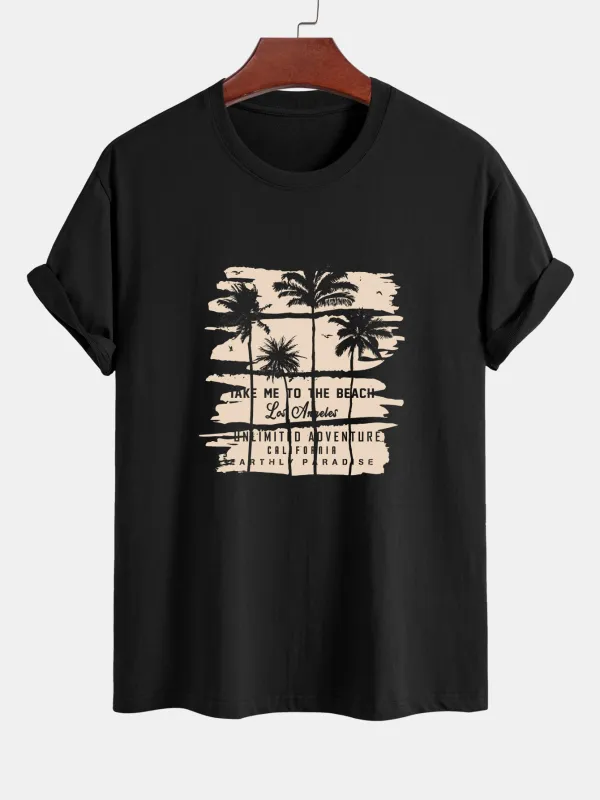 Regular Fit Beige Palm Tree Silhouette Print Cotton T-Shirt sold by Hoooyi