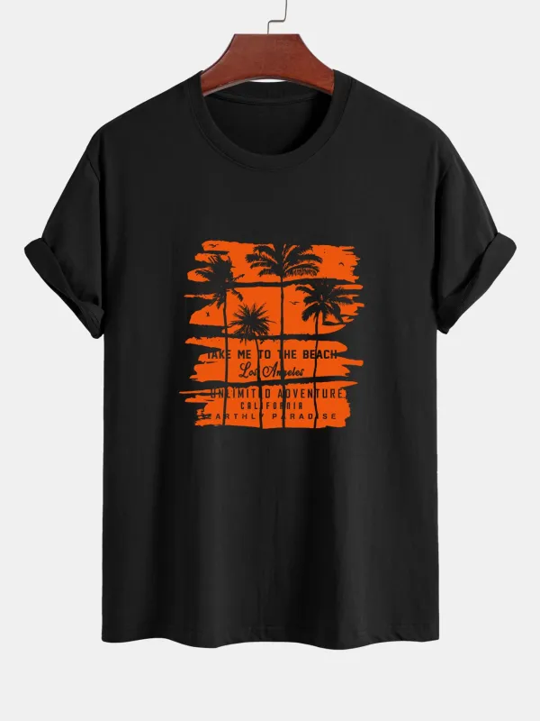 Regular Fit Orange Palm Tree Silhouette Print Cotton T-Shirt sold by Hoooyi
