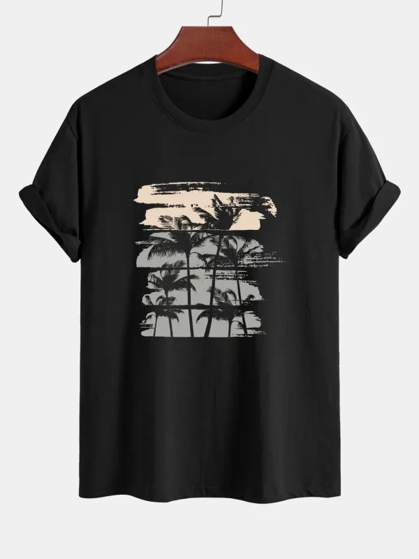 Regular Fit Beige Palm Tree Silhouette Print Cotton T-Shirt sold by Hoooyi
