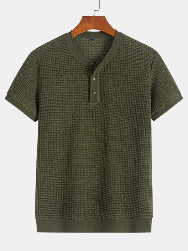 Henley Neck Textured Ribbed Hem T-Shirt made by Hoooyi