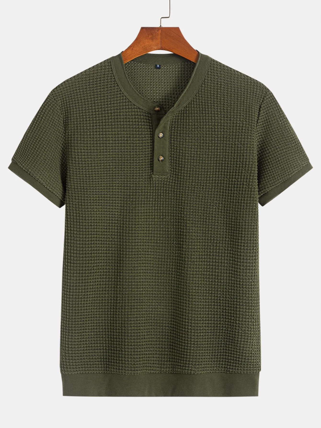 Henley Neck Textured Ribbed Hem T-Shirt sold by Hoooyi