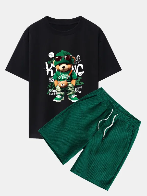 Graffiti Bear Print Drop Shoulder Oversize T-Shirt & Drawstring Corduroy Shorts sold by Hoooyi