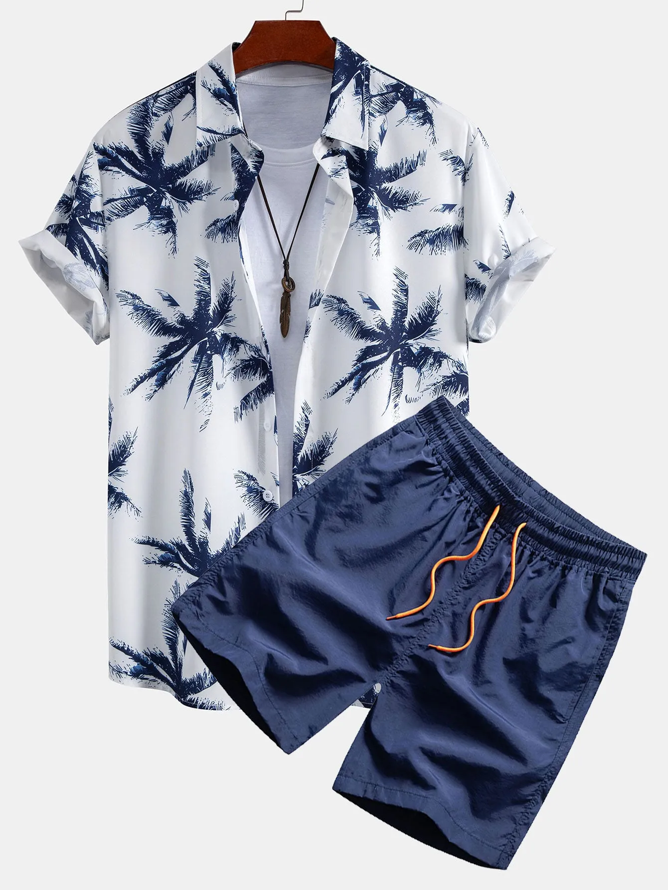 Palm Tree Print Button Up Shirt & Man Mid Length Drawstring Swim Shorts sold by Hoooyi