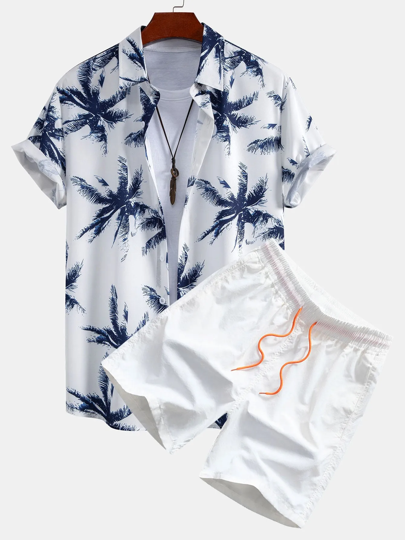 Palm Tree Print Button Up Shirt & Man Mid Length Drawstring Swim Shorts sold by Hoooyi product image thumbnail 2