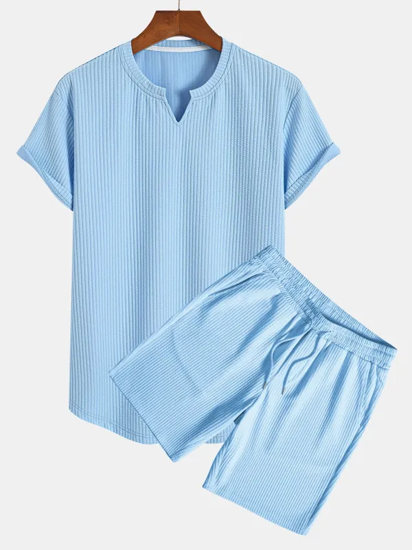 Muscle Fit Notch Ribbed Arc Hem T-Shirt & Drawstring Ribbed Shorts sold by Hoooyi