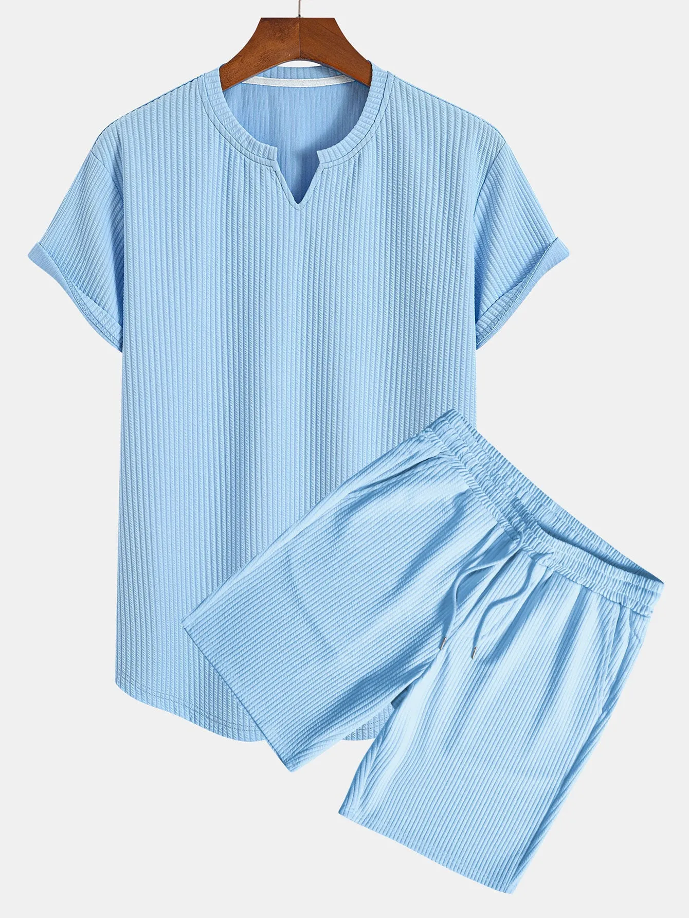 Muscle Fit Notch Ribbed Arc Hem T-Shirt & Drawstring Ribbed Shorts sold by Hoooyi