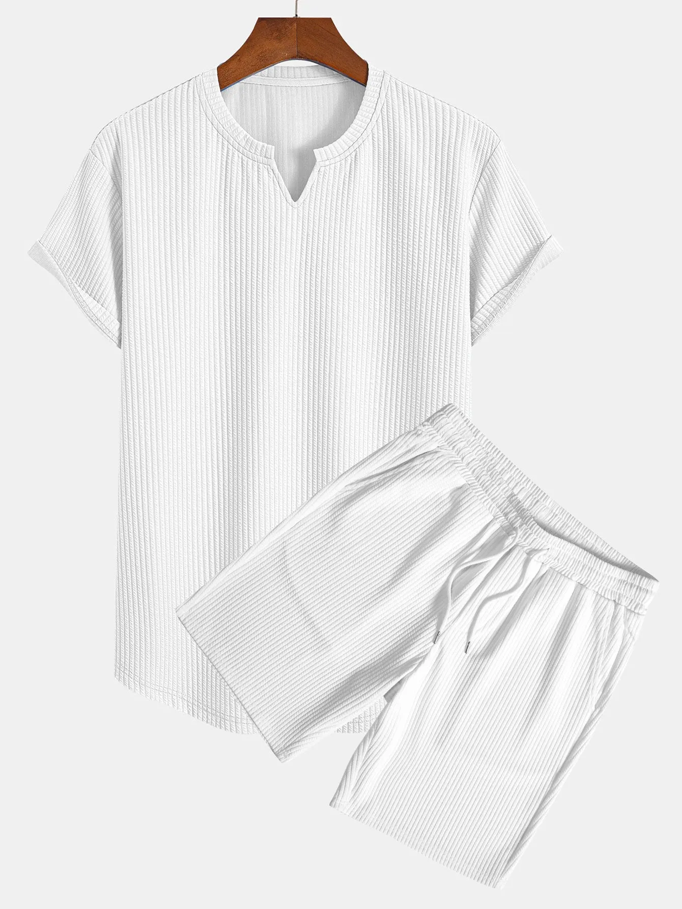 Muscle Fit Notch Ribbed Arc Hem T-Shirt & Drawstring Ribbed Shorts sold by Hoooyi product image thumbnail 4