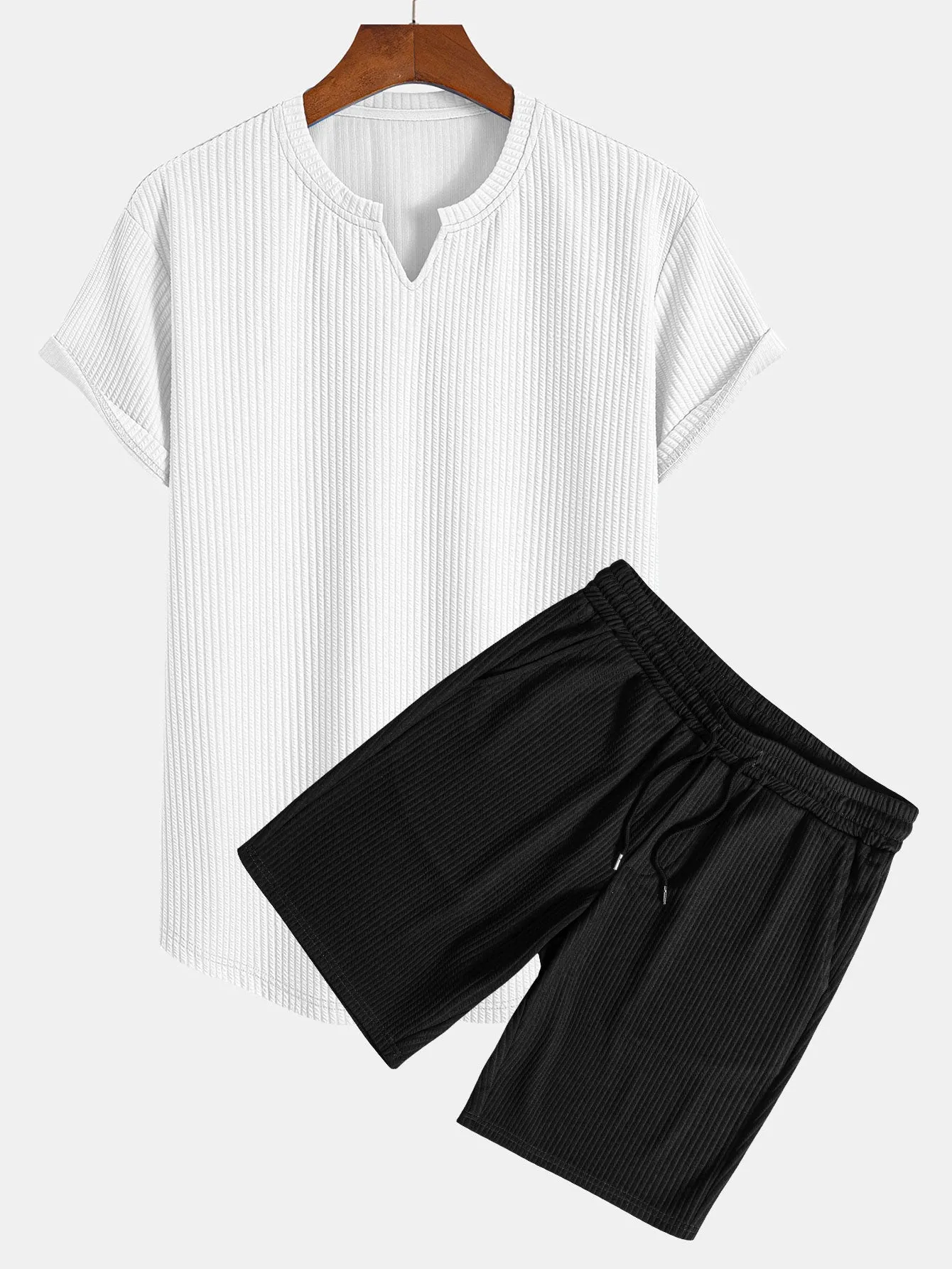 Muscle Fit Notch Ribbed Arc Hem T-Shirt & Drawstring Ribbed Shorts sold by Hoooyi product image thumbnail 3