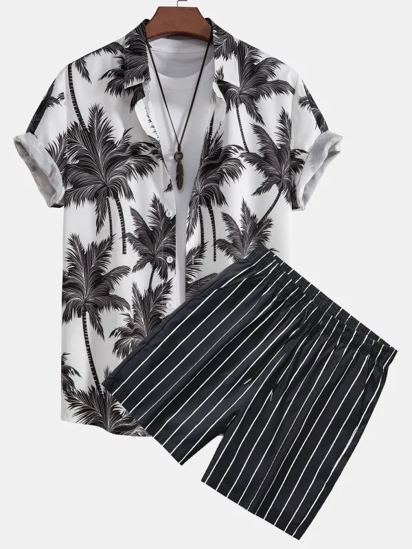 Palm Tree Print Button Up Shirt & Striped Swim Shorts sold by Hoooyi