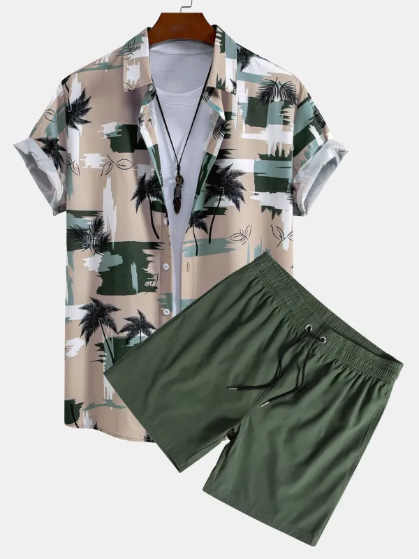 Palm Tree Color Block Print Button Up Shirt & Swim Shorts sold by Hoooyi