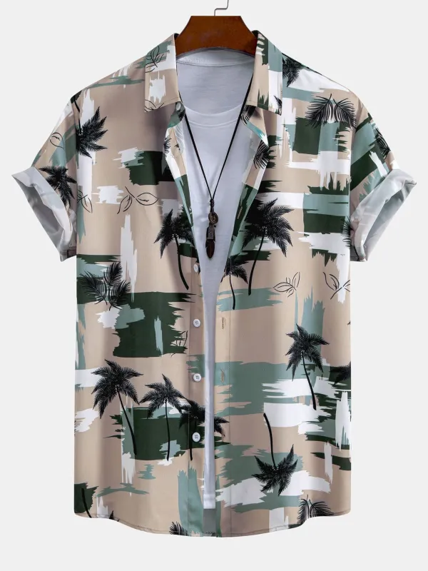 Palm Tree Color Block Print Button Up Shirt sold by Hoooyi