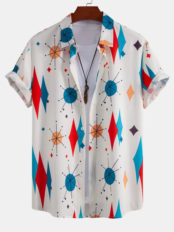 Atomic Geometric Print Button Up Shirt sold by Hoooyi